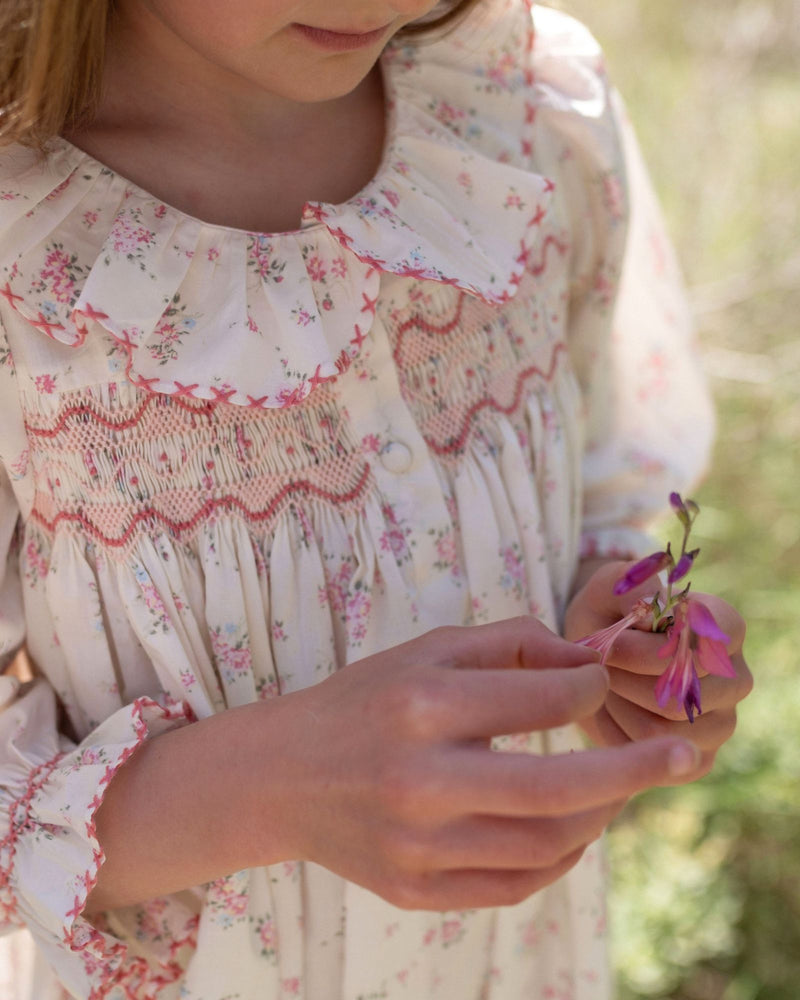 Nightingale Girl's Dress Rosebud Chintz with Peony Hand Smocking