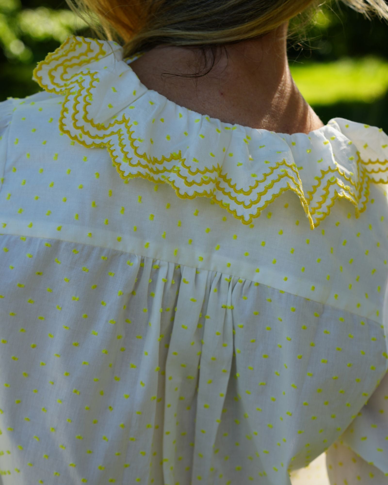 Bronte Blouse Primrose Plumetti with Daffodil Embroidery