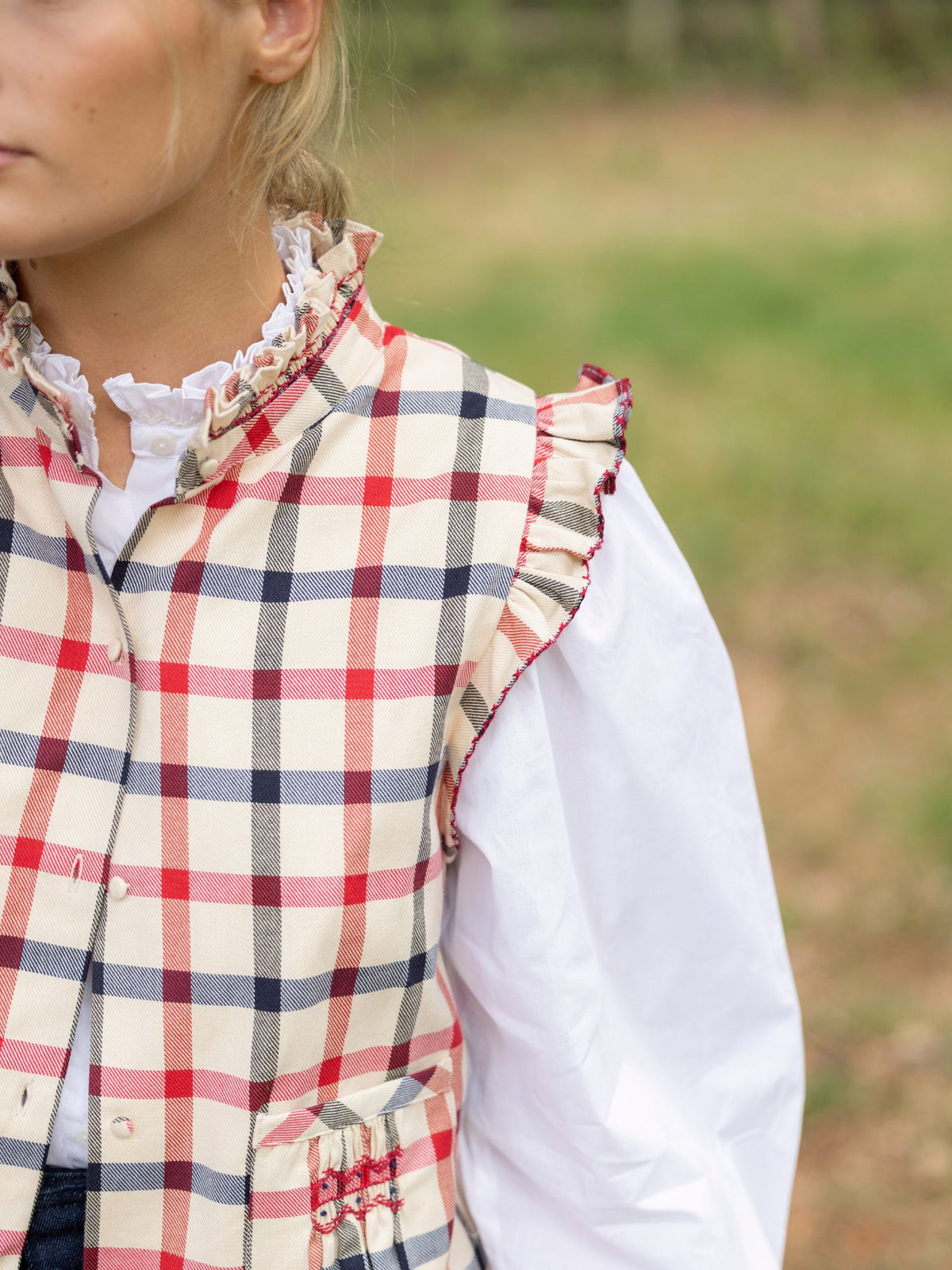 C J Walker Waistcoat Tartan with Crimson and Navy Hand Smocking Edition 7