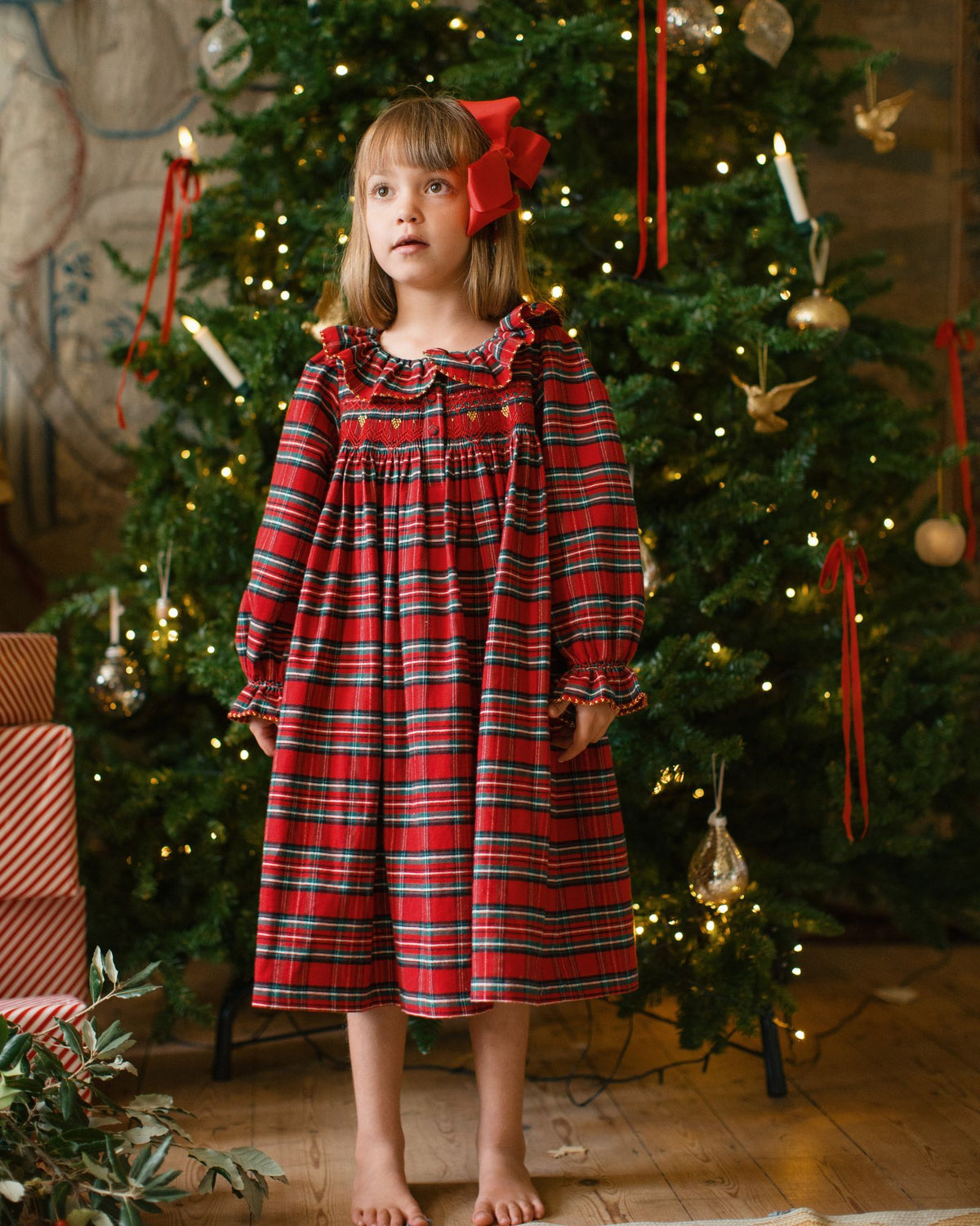 Nightingale Girl's Dress Scott Tartan with Hearts of Gold Hand Smocking