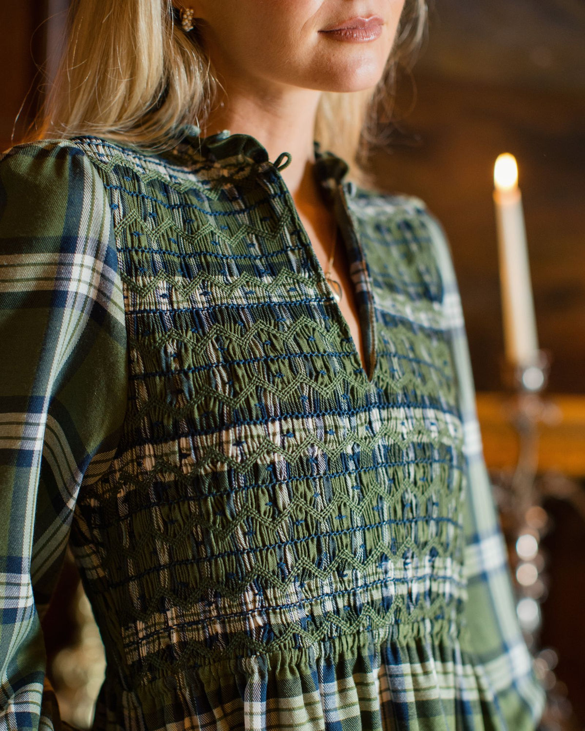 Emmeline Pankhurst Women's Dress Glen Check Tartan with Highlands and Lowlands Hand Smocking