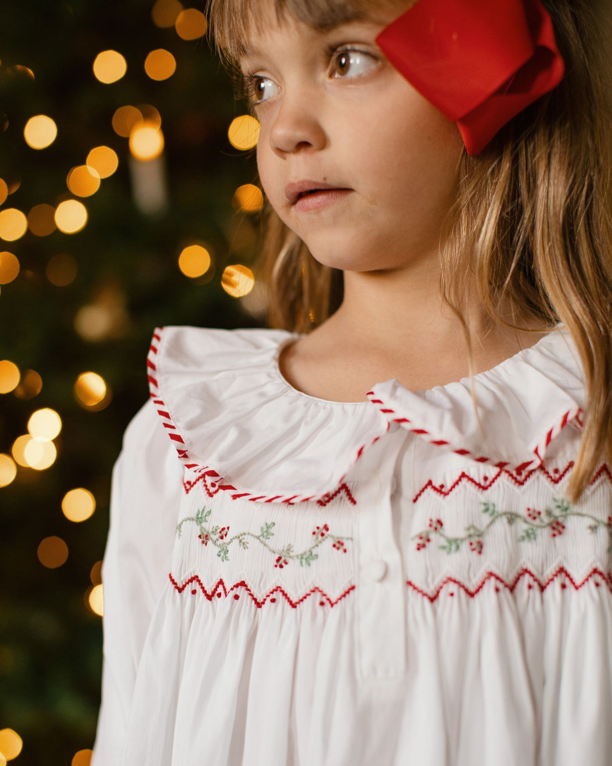 Nightingale Girl's Dress with Candy Cane Piping and Christmas Garland Hand Smocking