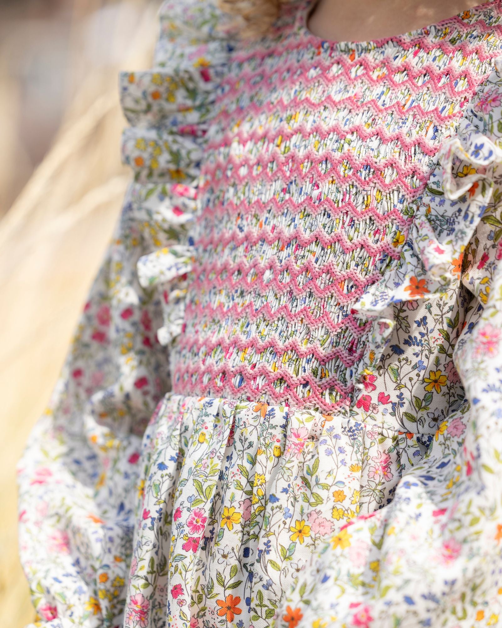 Anna Pavlova Dress Secret Garden Linen with Sweet William Hand Smocking