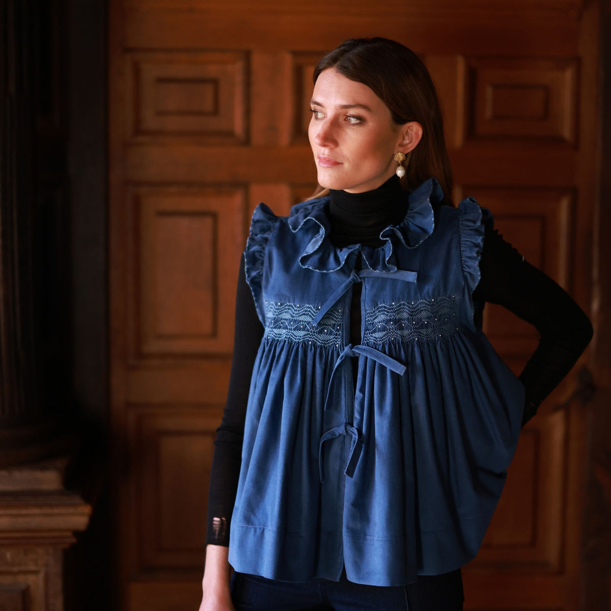 Large Edith Wharton Waistcoat Cornflower Needlecord with Chambray Hand Smocking Edition 2