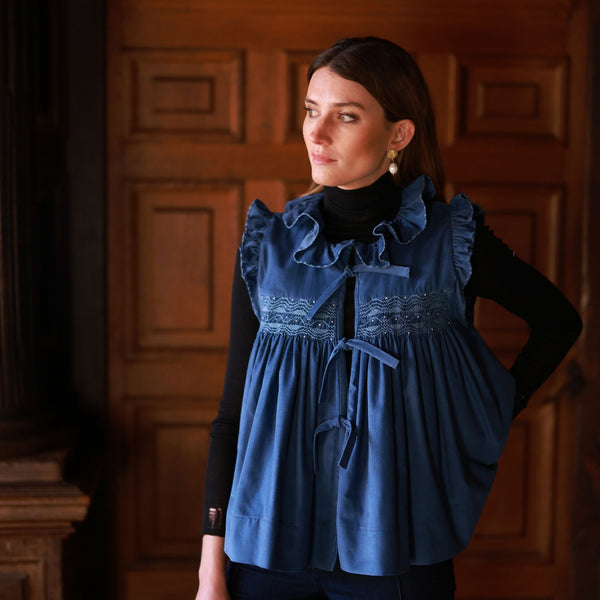 Edith Wharton Waistcoat Cornflower Needlecord with Chambray Hand Smocking Edition 2