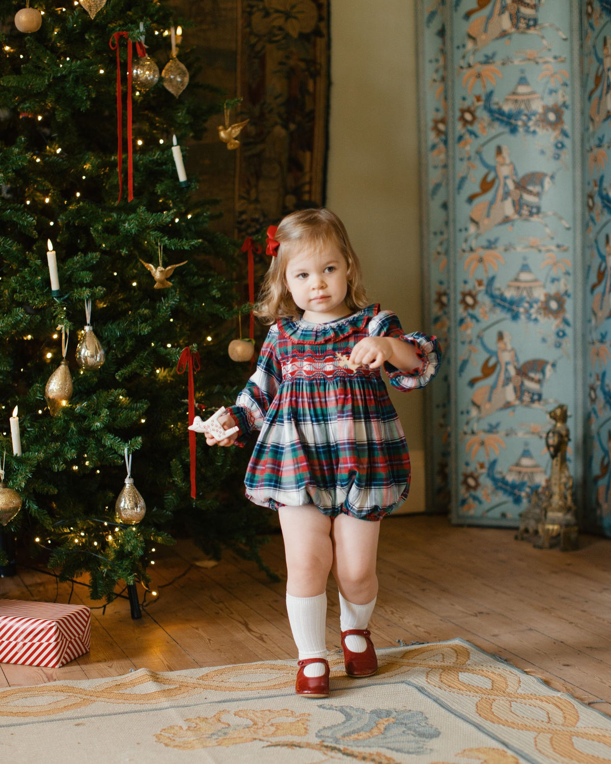 Austen Romper Macbeth Tartan with Holly Berry Hand Smocking