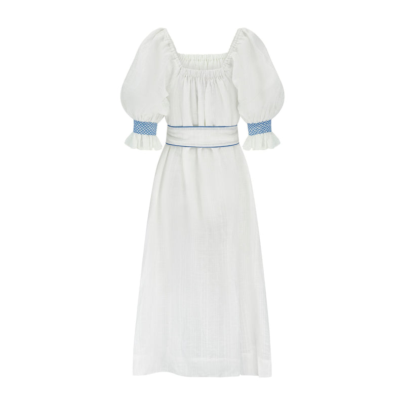 Mulan Dress Hopscotch Linen with Lapis Lazuli Hand Smocking
