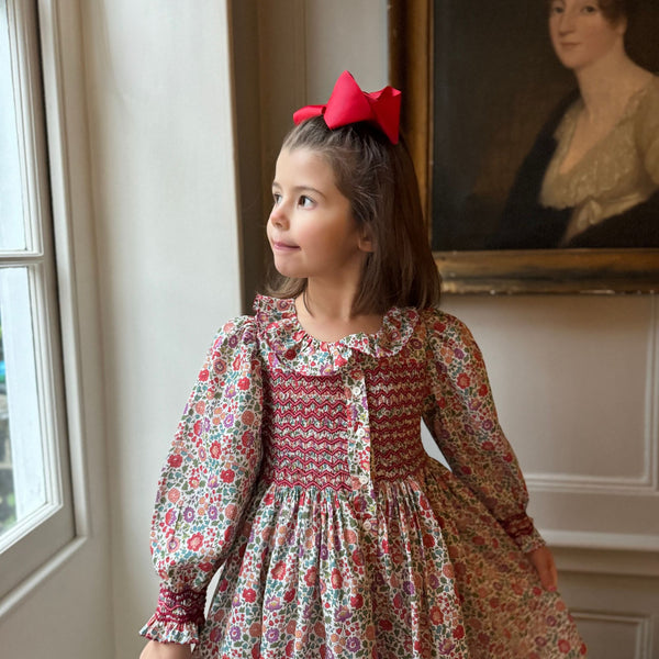 Elizabeth Blackwell Dress with Cranberry Cocktail Hand Smocking made with Liberty D'Anjo Fabric