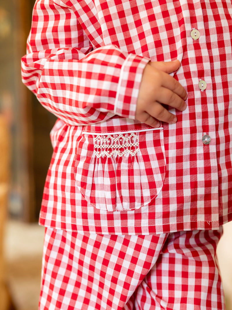 Lilly Parr Pyjamas Cranberry Gingham with Snow White Hand Smocking