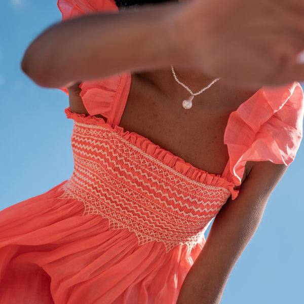 The Wallis Simpson Dress Coral Dreams Organdie with Chantilly Hand Smocking