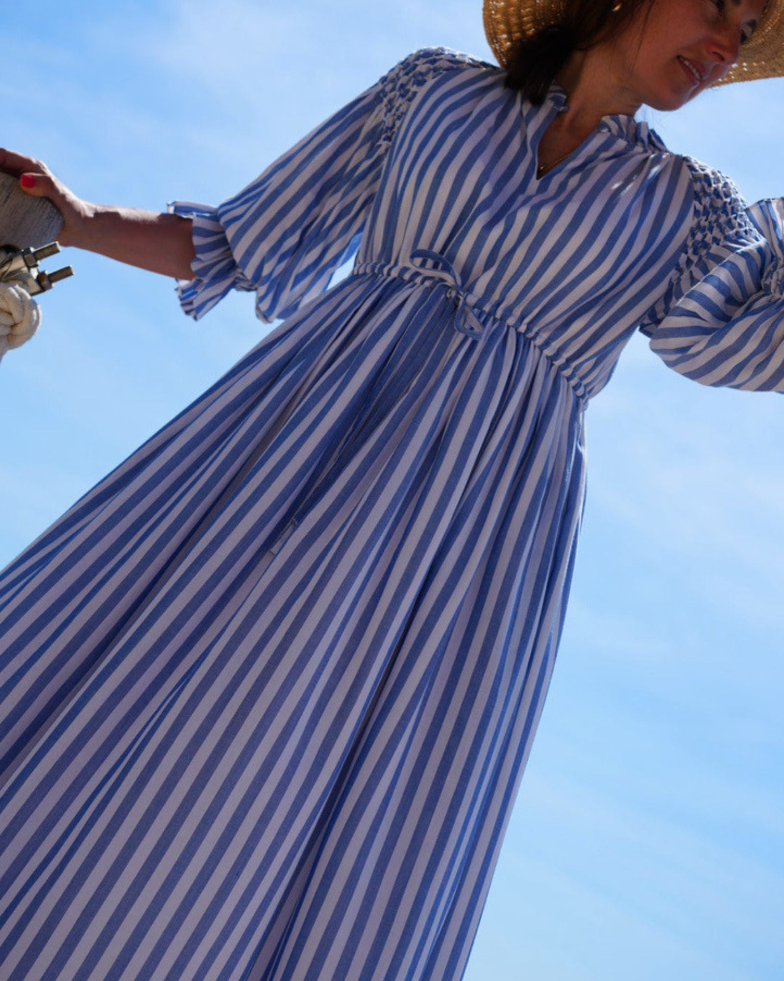 Aloha Wanderwell Dress Ocean Stripe with White Honeycomb Hand Smocking