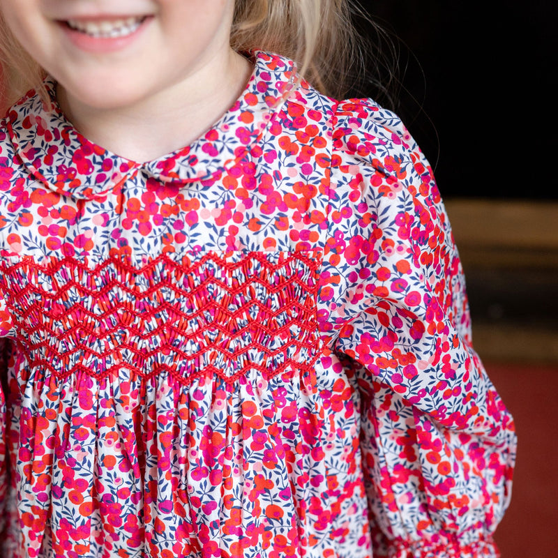 Jane Austen Romper With Crimson Hand Smocking  made with Liberty Wiltshire Fabric