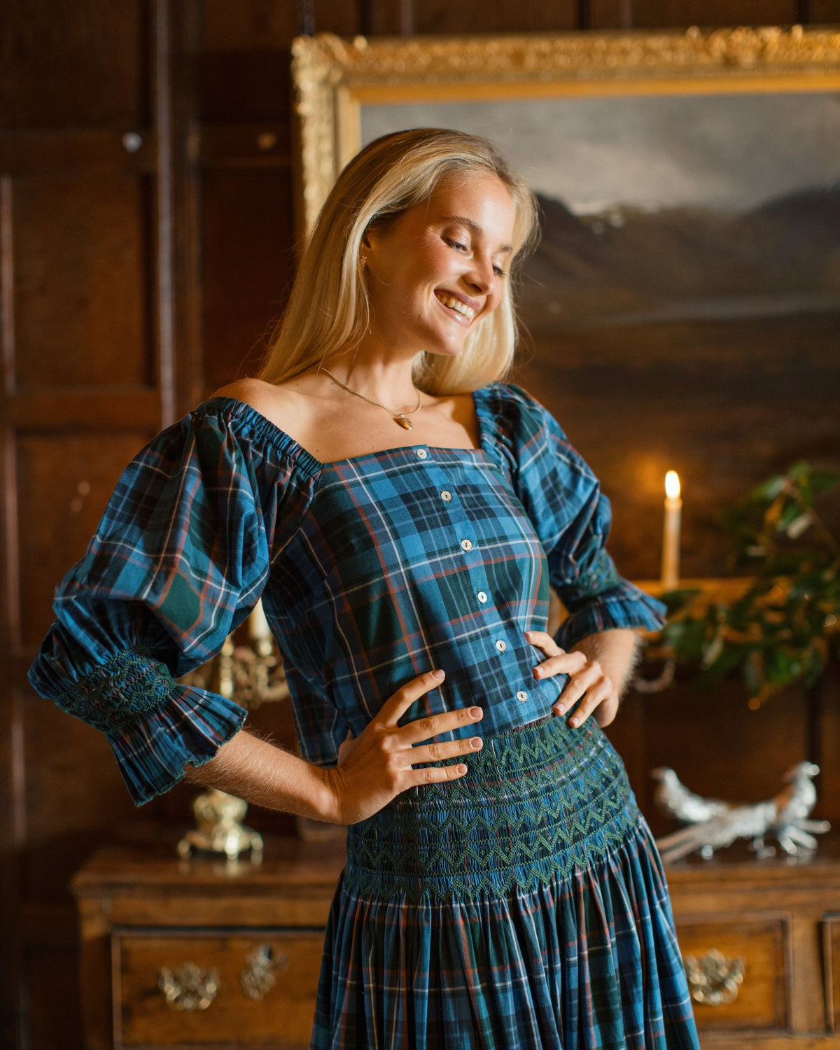 Sappho Blouse St Andrews Tartan with Holly Leaf Hand Smocking