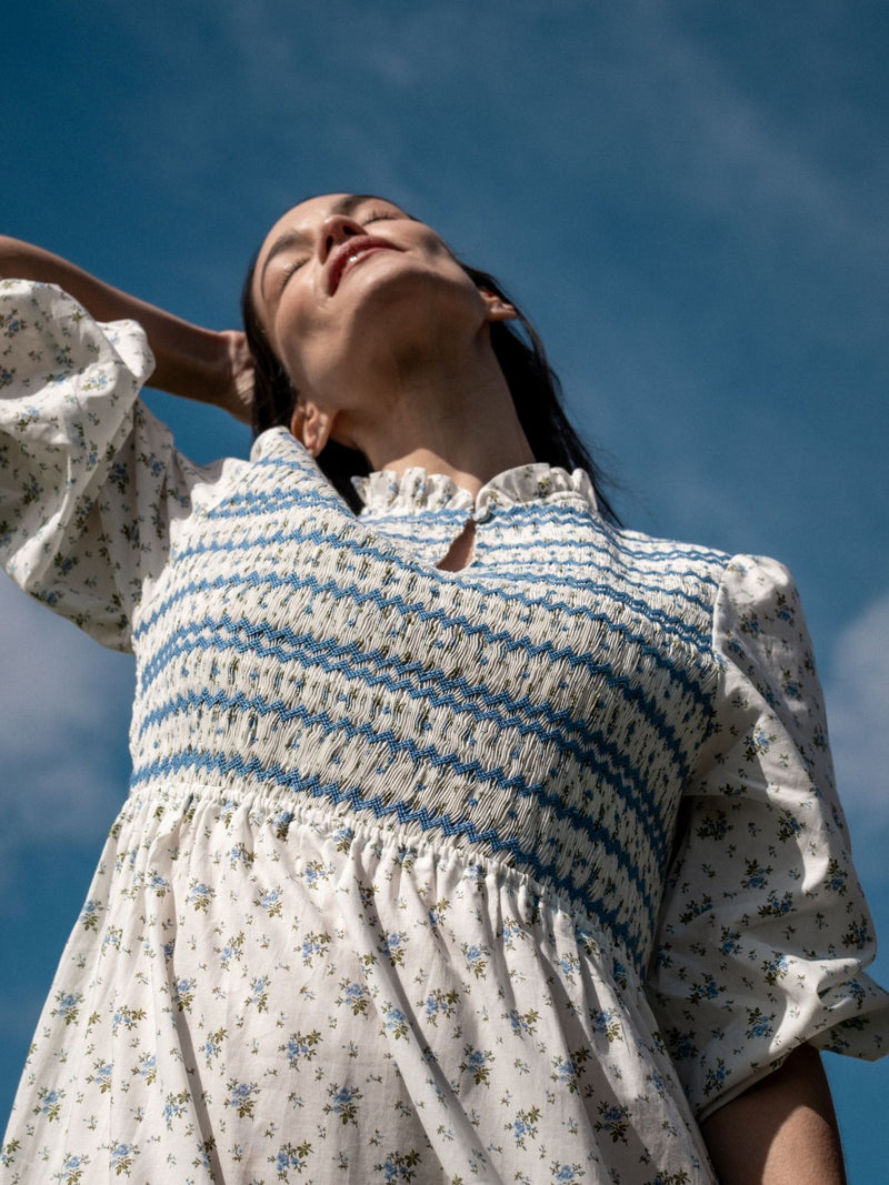 Emmeline Pankhurst Dress Brunnera Blooms with Forget Me Not Hand Smocking