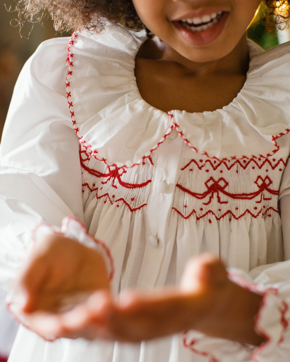Nightingale Girls Dress Moonstone with Scarlet Bows Hand Smocking