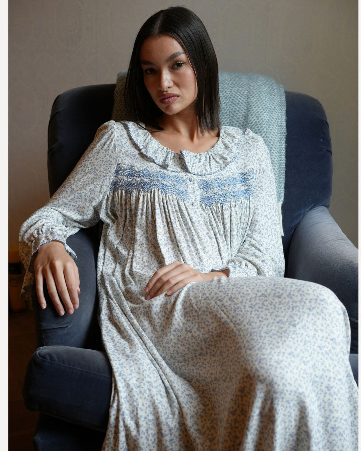 Women's Nightingale Dress Cornflower Ditsy with Bluebell Hand Smocking
