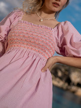 Josefine Butler Dress Raspberry Stripe Seersucker with Cool-Ade Hand Smocking
