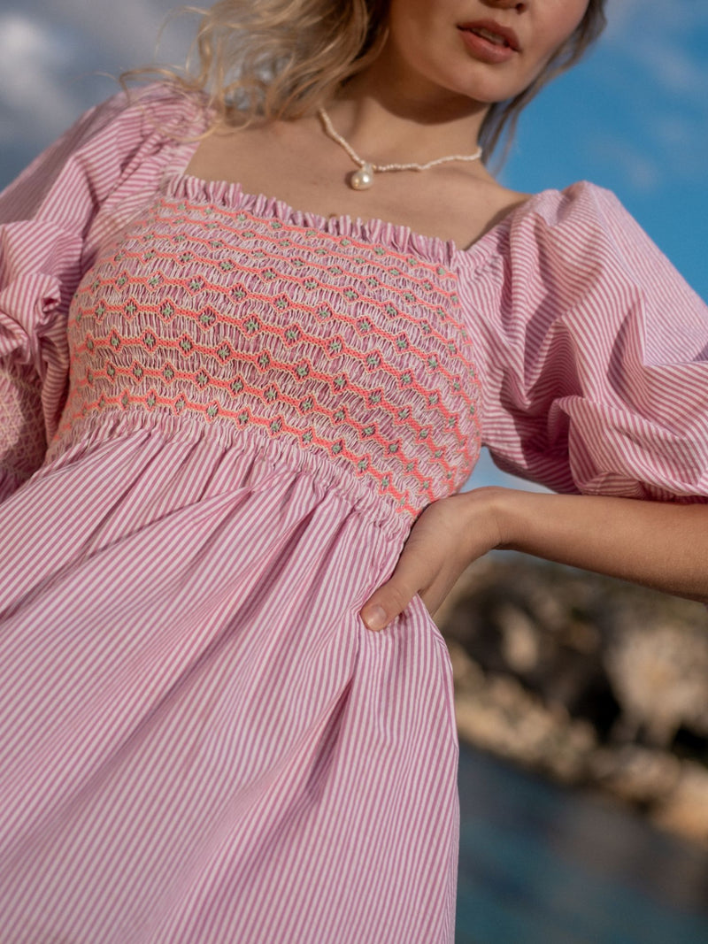 Josefine Butler Dress Raspberry Stripe Seersucker with Cool-Ade Hand Smocking