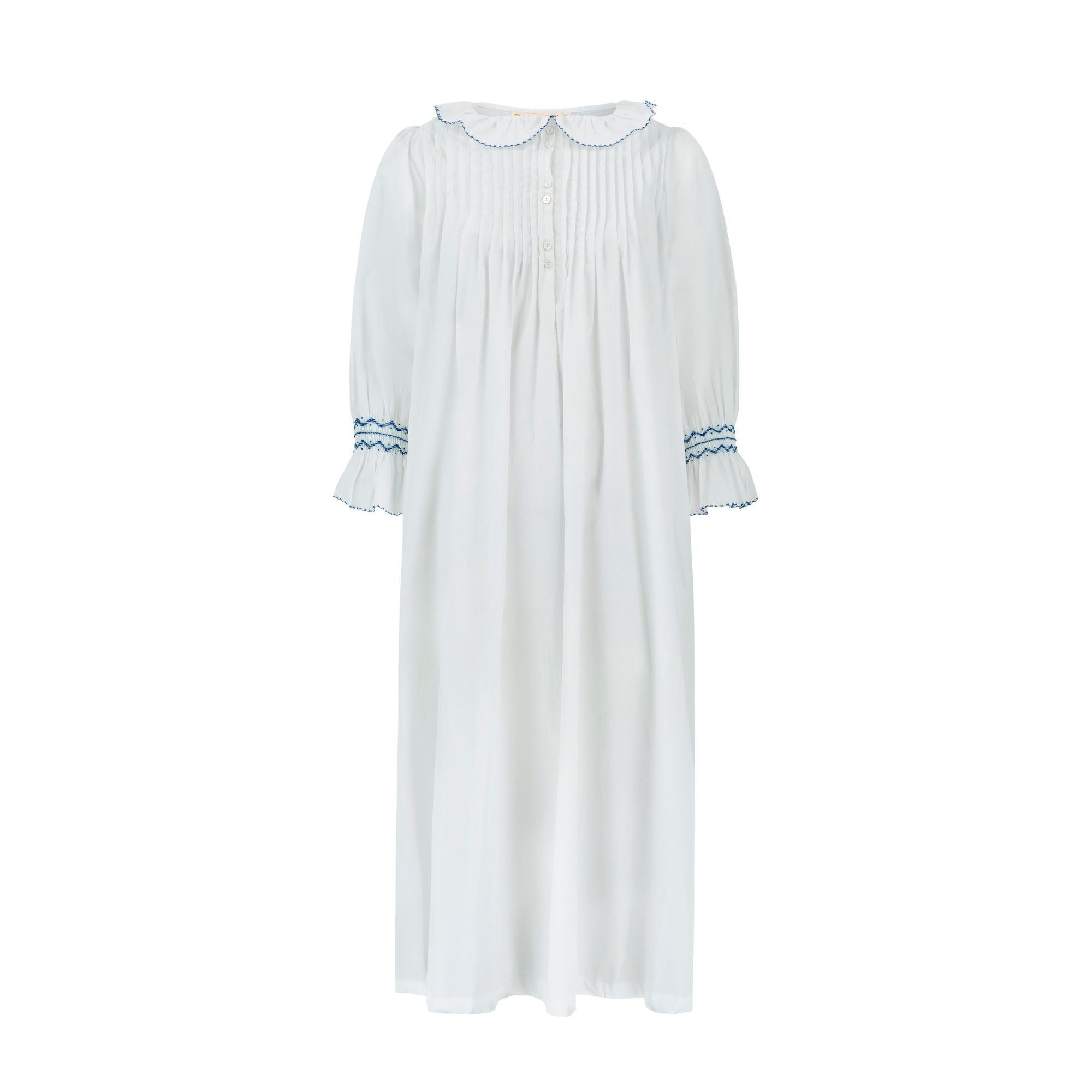 S/M Bessie Coleman Women's Dress Moonstone Cotton with Sapphire Hand Smocking