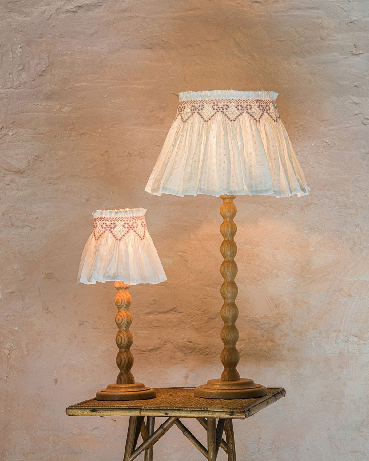 Edit58 x Smock London Elsie Lampshade White Spot Cotton with Rose Ribbons Hand Smocking