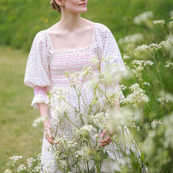 Josefine Butler Dress Rosebud Plumetti with Vintage Rose Hand Smocking