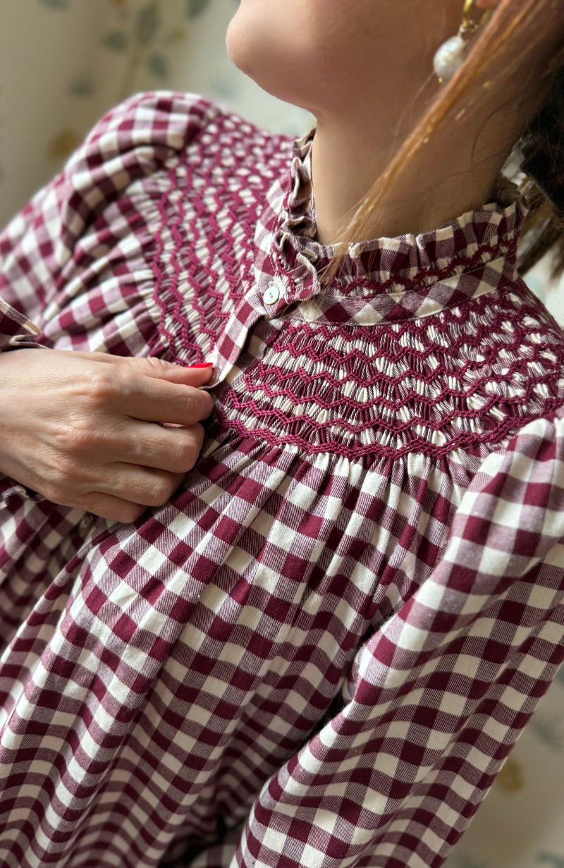 Pom x Smock London Scholl Blouse Mulled Wine Gingham Brushed Cotton with Spiced Cinnamon Hand Smocking Edition 53