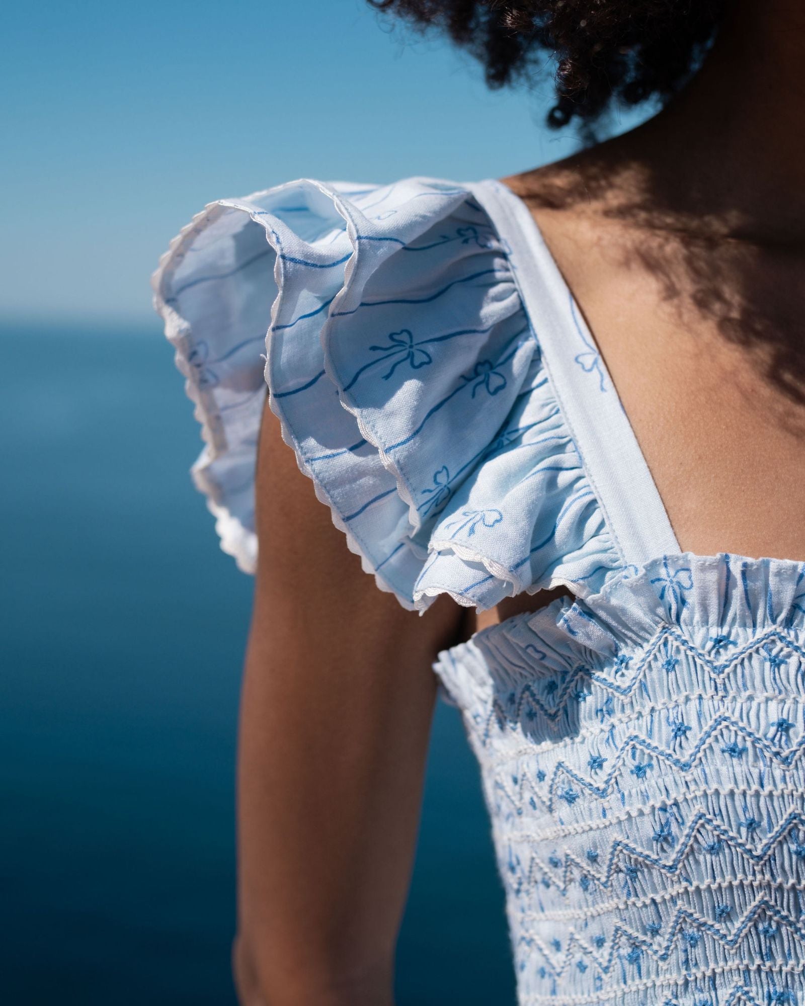 Octavia Hill Dress Blue Ribbons with Summer Skies Hand Smocking
