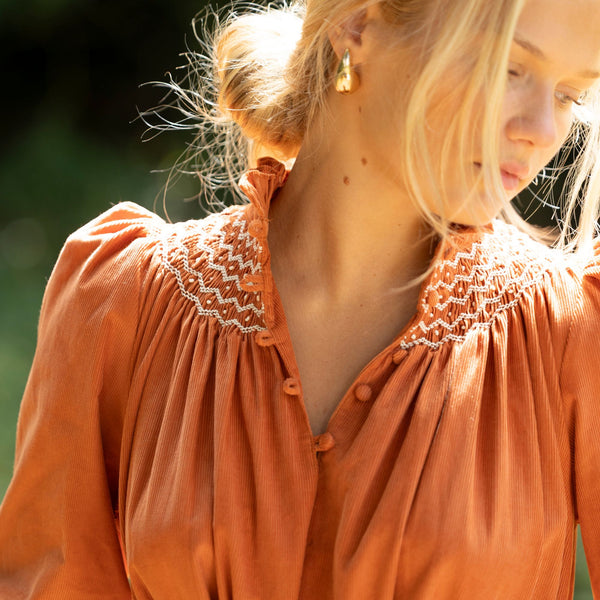 Colette Women's Dress Butterscotch Needlecord with Full Moon Hand Smocking