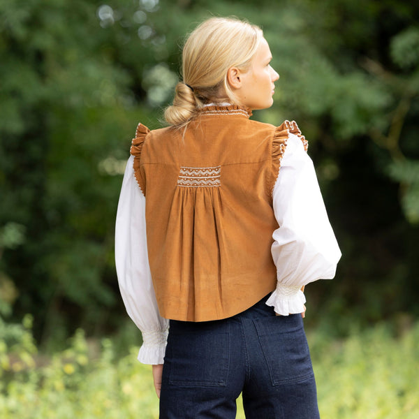 C J Walker Waistcoat Butterscotch Needlecord with Spiced Vanilla Hand Smocking Edition 5