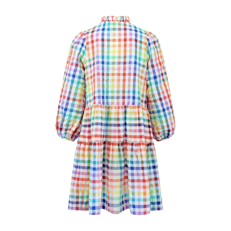 Billie Holiday Short Dress Rainbow Gingham with Prism Hand Smocking