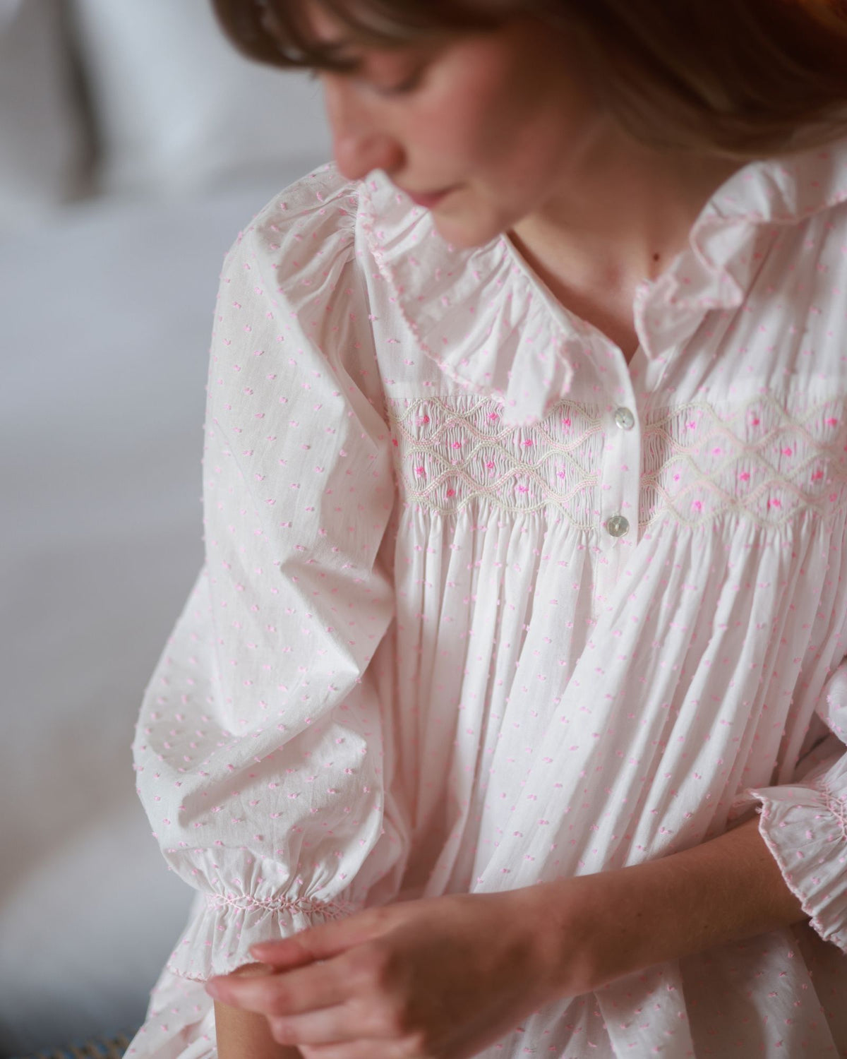 Nightingale Women's Dress Powder Puff Plumetti with Marshmallow Hand Smocking