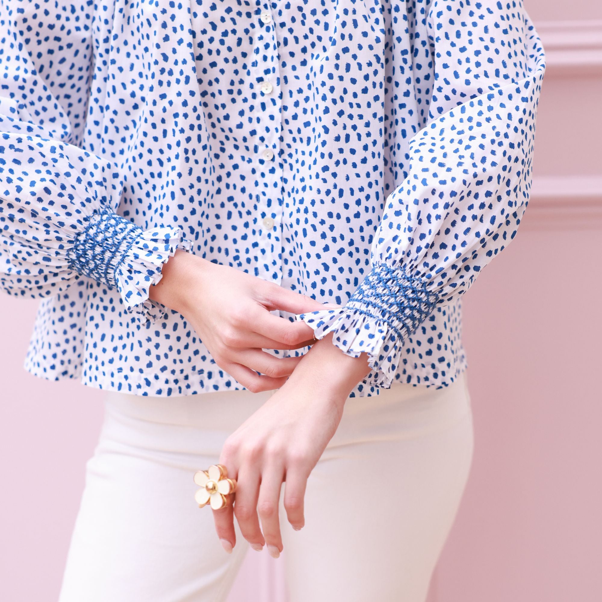 Scholl Blouse Blue Leopard with Sapphire Hand Smocking Edition 64