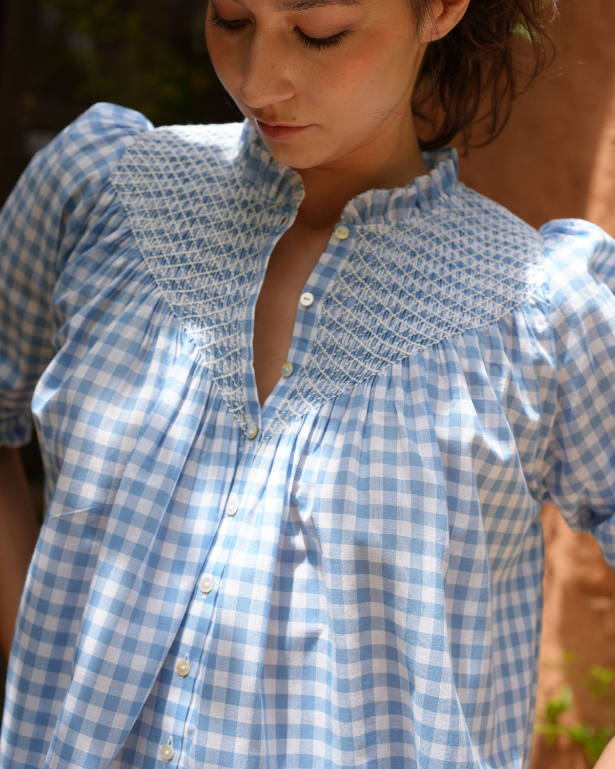 Rosa Parks Blouse Cornflower Gingham with Paper White Hand Smocking Edition 10