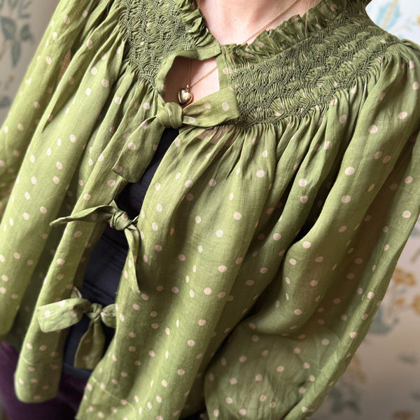 Cleopatra Jacket Woodland Spot Organdie with Hunter Green Hand Smocking Edition 3