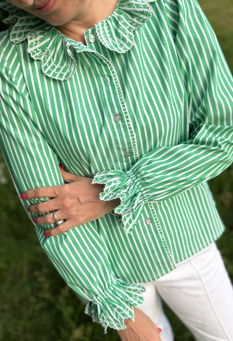 Bronte Blouse Kelly Green Stripes with Sea Spray Embroidery