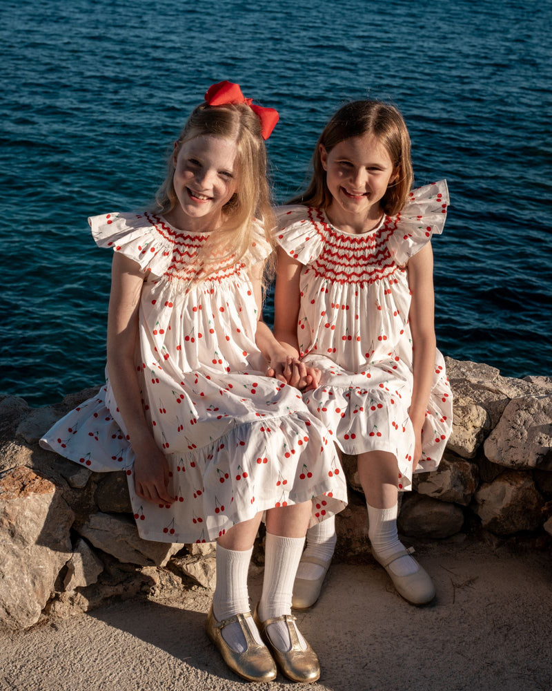 Indira Gandhi Flutter Dress Mon Cherry Cotton with a La Mode Hand Smocking