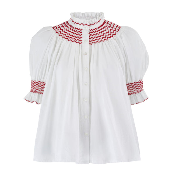 Scholl Women's Summer Blouse White with Pillar Box Red Hand Smocking