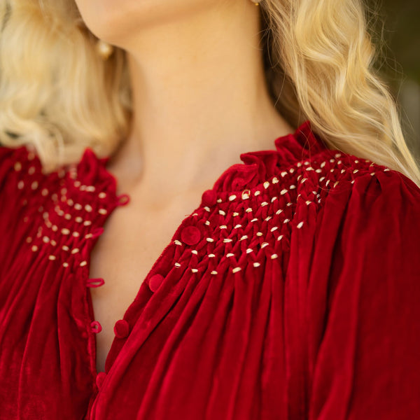 Ada Lovelace Women's Dress Ruby Two Shoes Silk Velvet with Holly Garland Hand Smocking