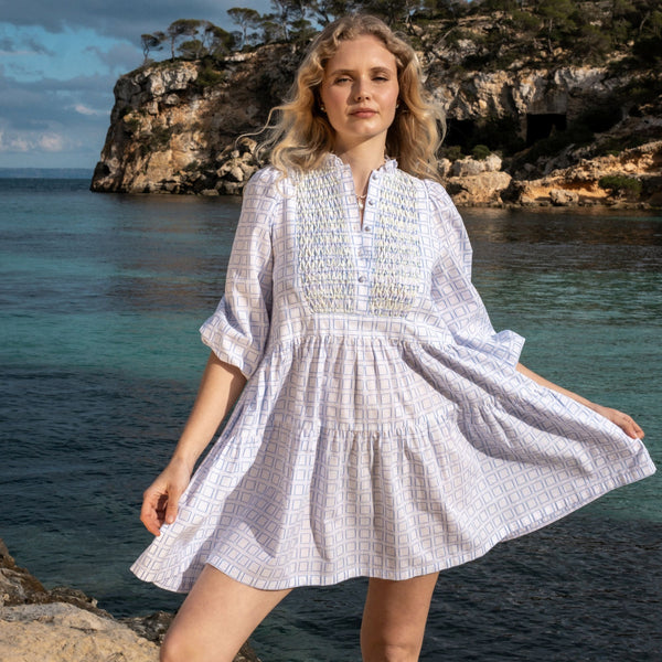 Billie Holiday Dress Blue Squares with Absinth Hand Smocking