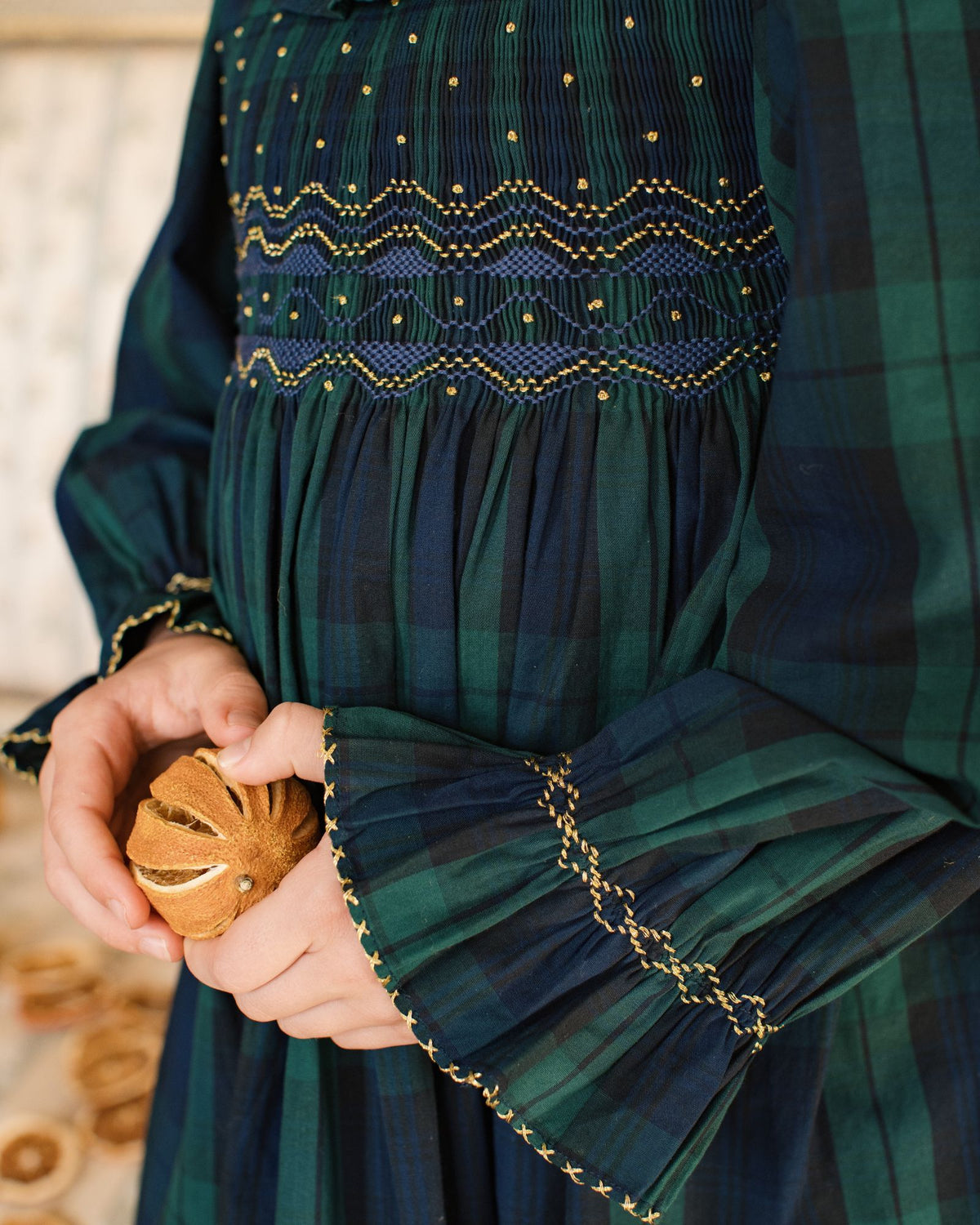 Katherine Johnson Dress Blackwatch Tartan with Midnight Star Hand Smocking