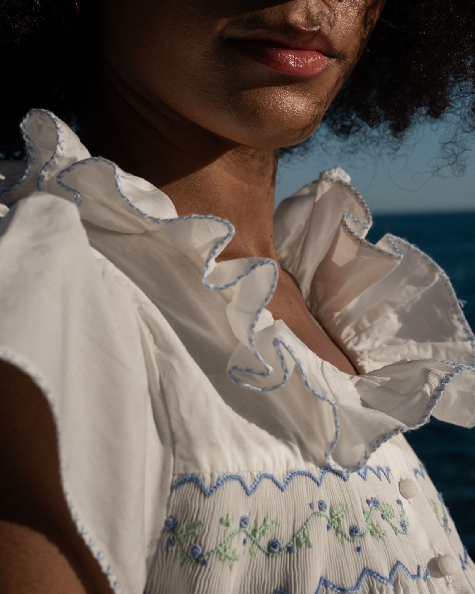 Nightingale Women's Short Sleeve Dress with Blue Blooms Hand Smocking
