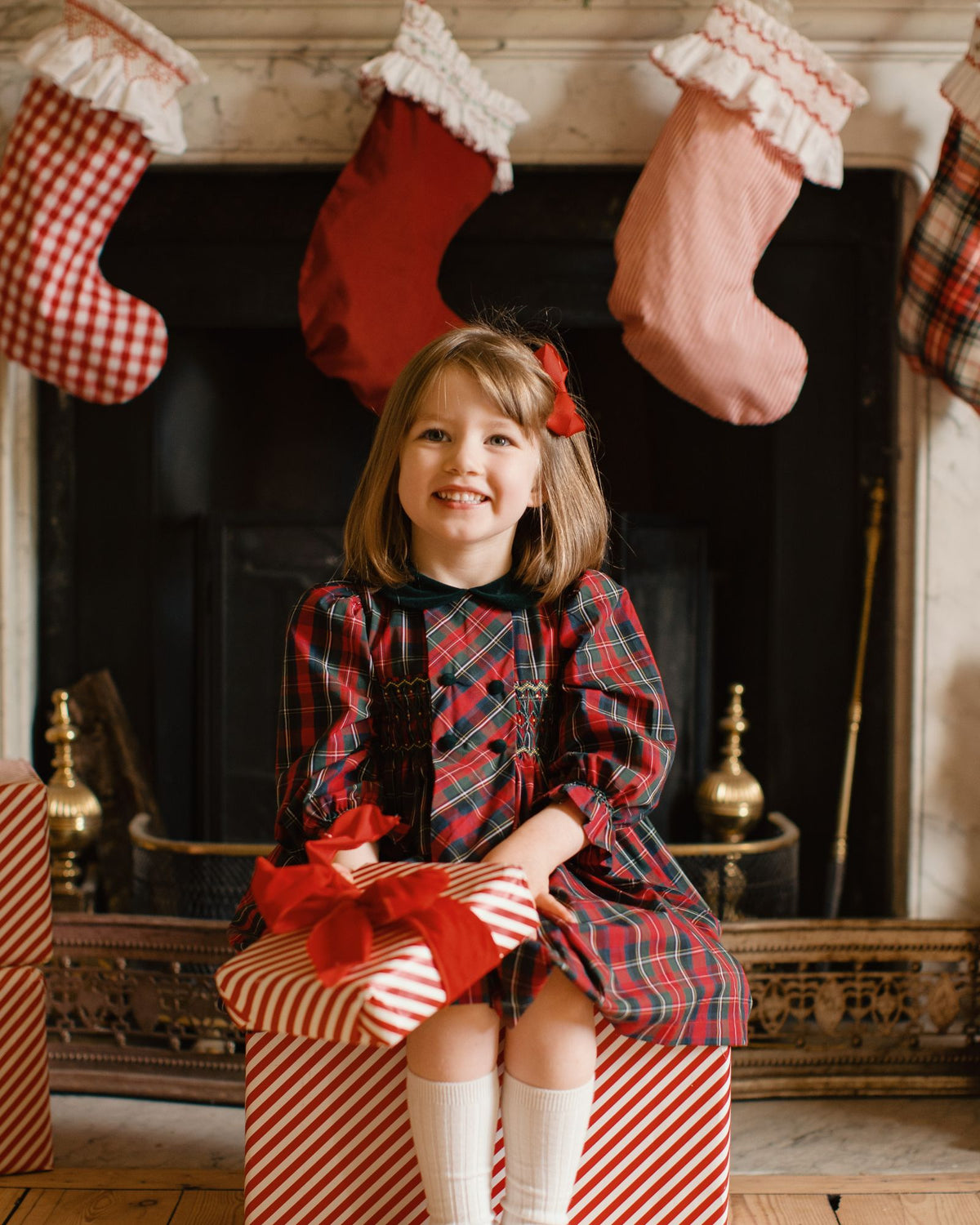 Thatcher Dress McDonald Tartan with Green and Glitter Hand Smocking
