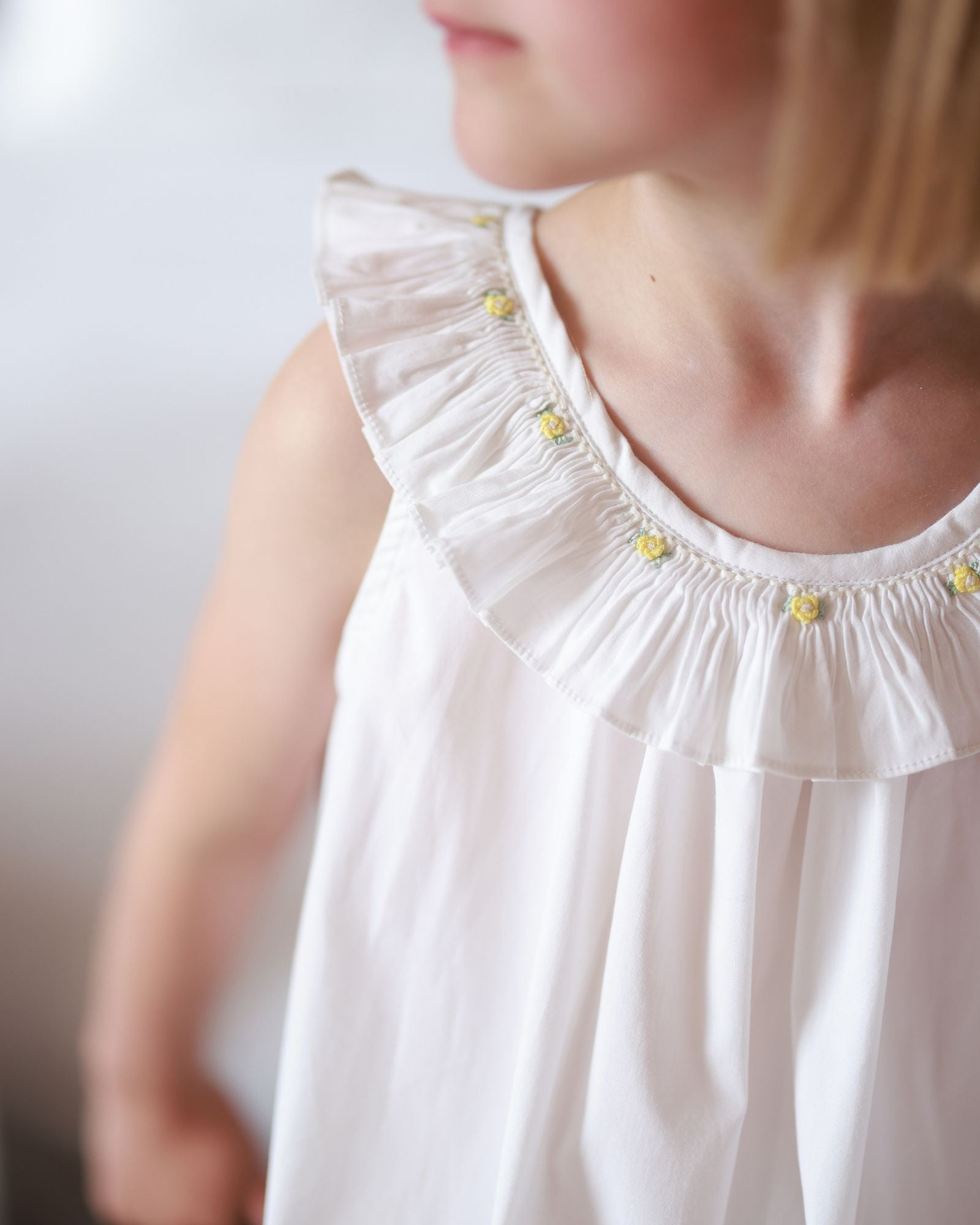 Memo Press x Smock London Girls Alice Dress Moonstone with Yellow Rose Hand Smocking