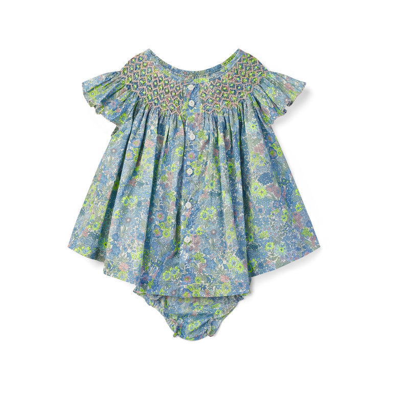 Coco Blouse & Bloomer Set with Rhubarb and Custard Hand Smocking Made With Liberty Margaret Annie Neon
