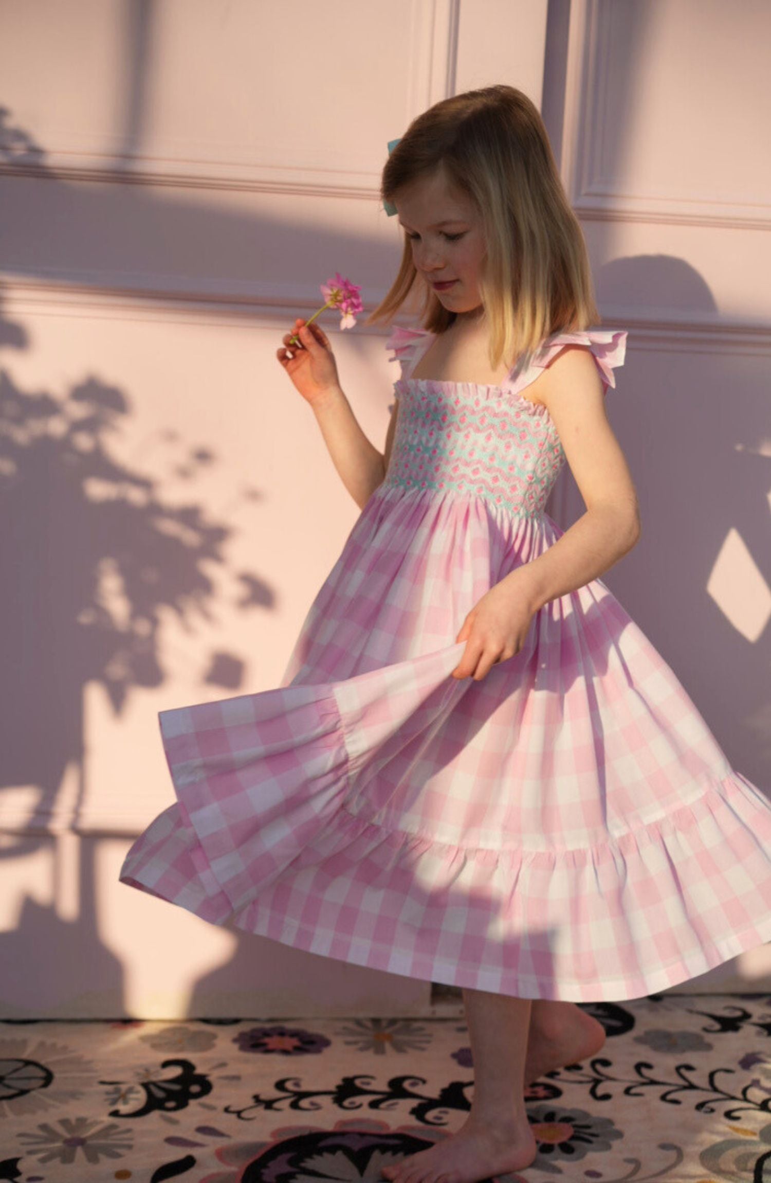 Rachel Carson Girls Dress Candy Floss Gingham with Spearmint Hand Smocking