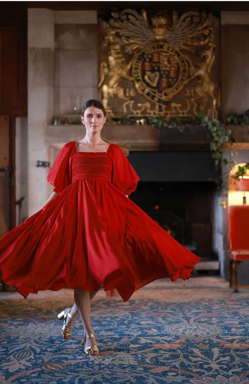 Ella Fitzgerald Women's Dress Crimson Silk-Cotton with Sleigh Bell Hand Smocking