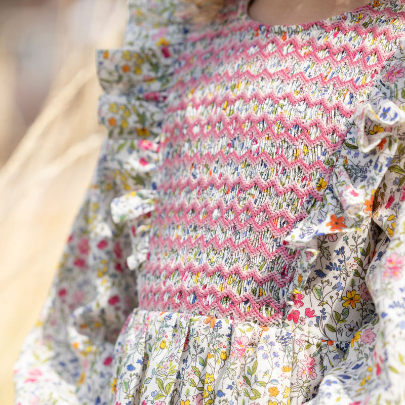 Anna Pavlova Dress Secret Garden Linen with Sweet William Hand Smocking