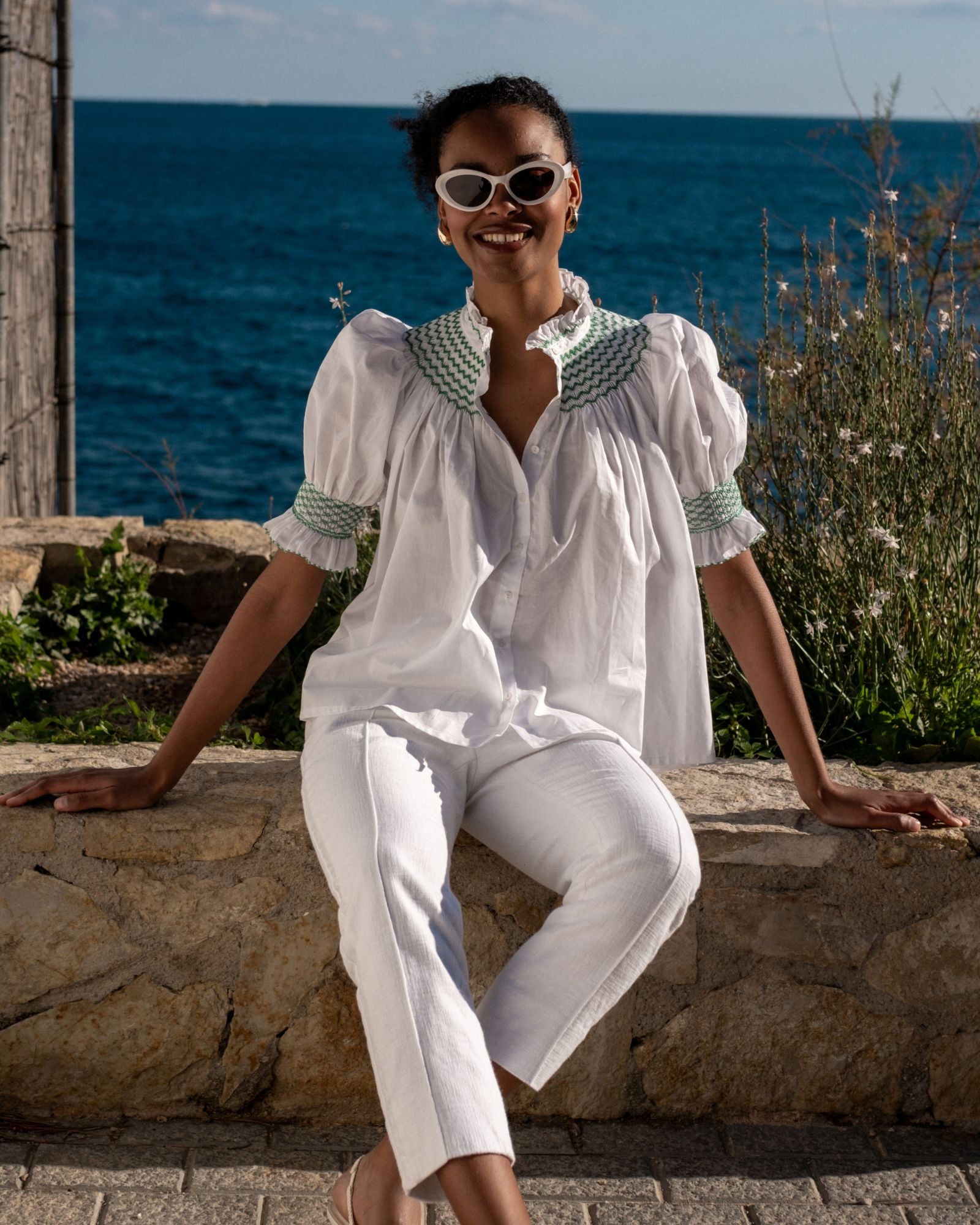 Scholl Women's Summer Blouse White with Green Apple Hand Smocking