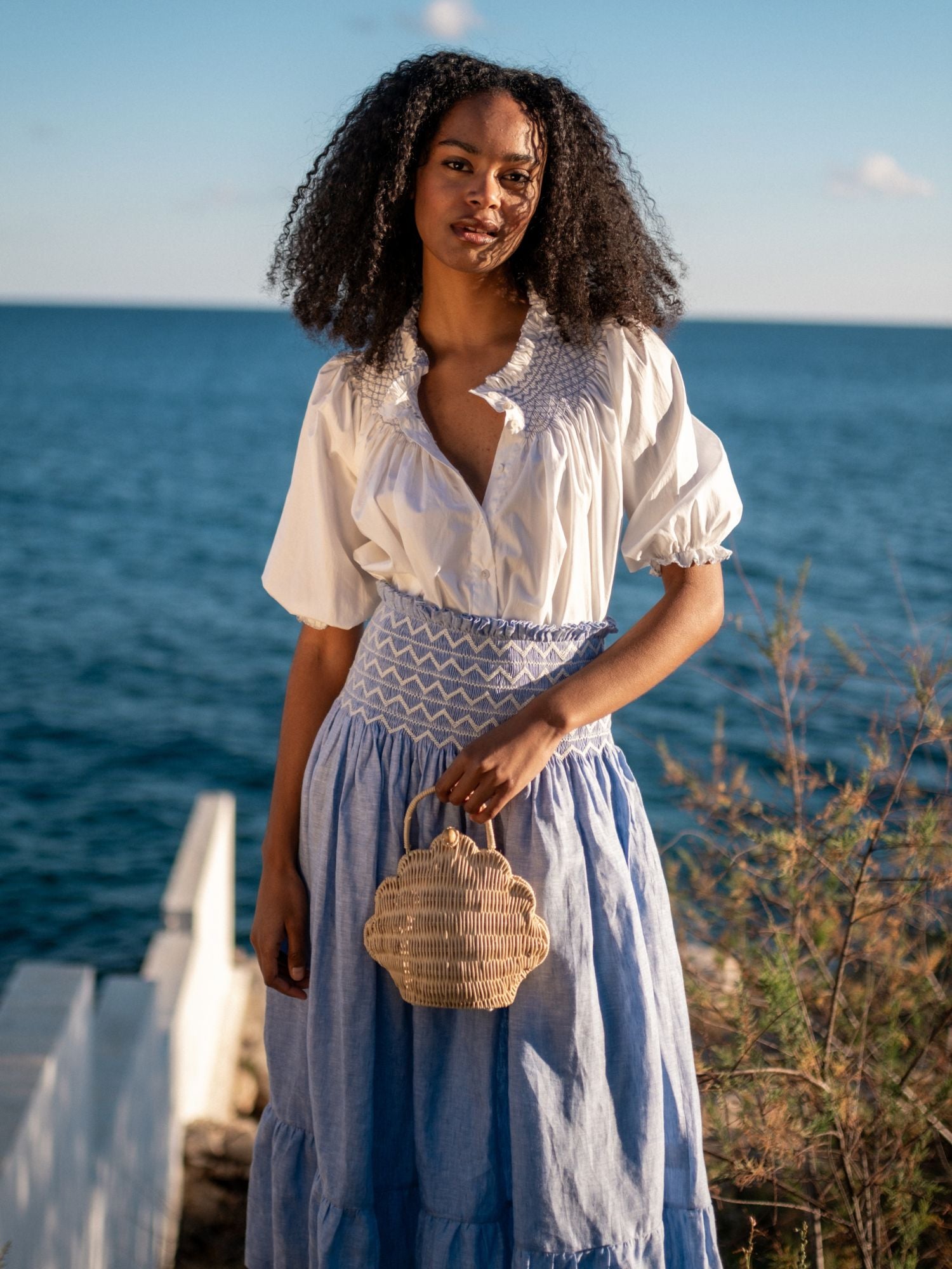 Cleopatra Blouse White with Cornflower Hand Smocking