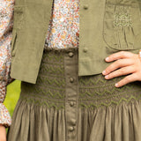 Mary Seacole Women's Skirt Oak Leaf Linen with Moss Hand Smocking